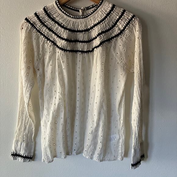 Lulus Tops - Lulus White Eyelet Cotton Blouse Black Trim Mock Neck Long Sleeve XS